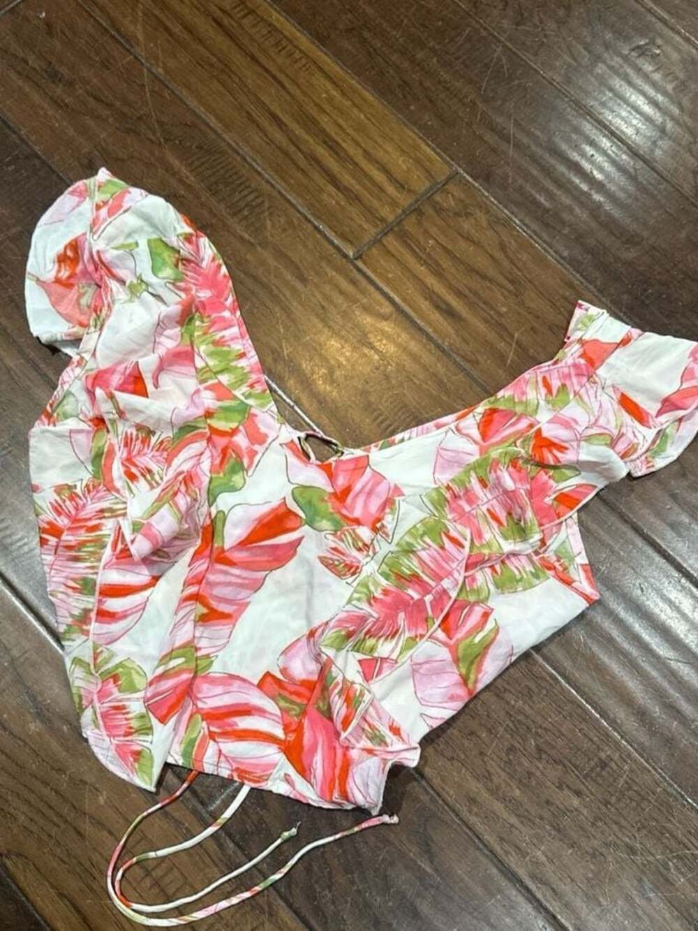 Petals USA Tropical Floral Ruffle Crop Top with Back Tie Detail